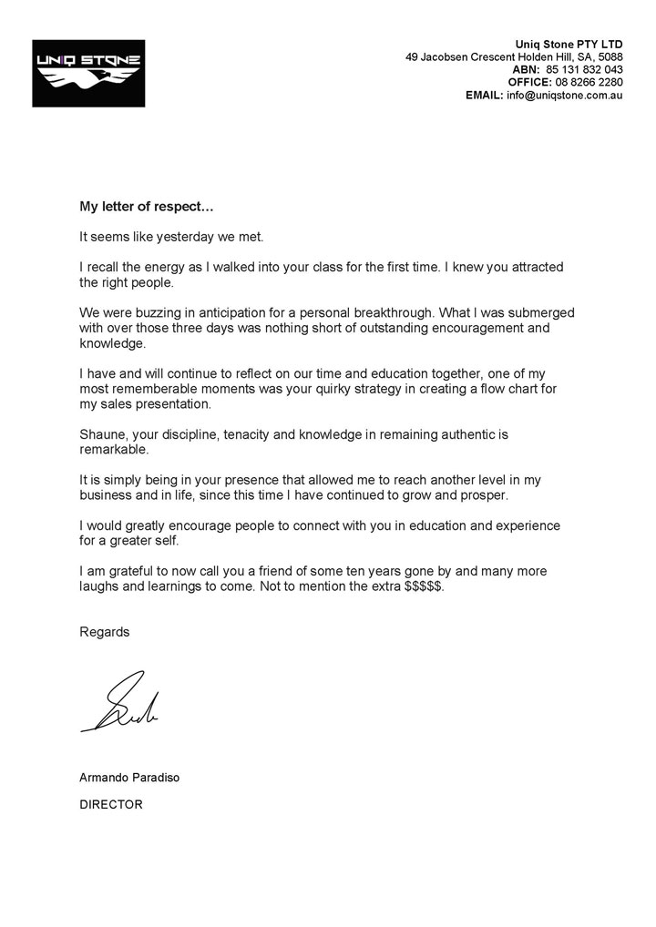 Armando Paradiso letter of respect to Shaune Clarke.