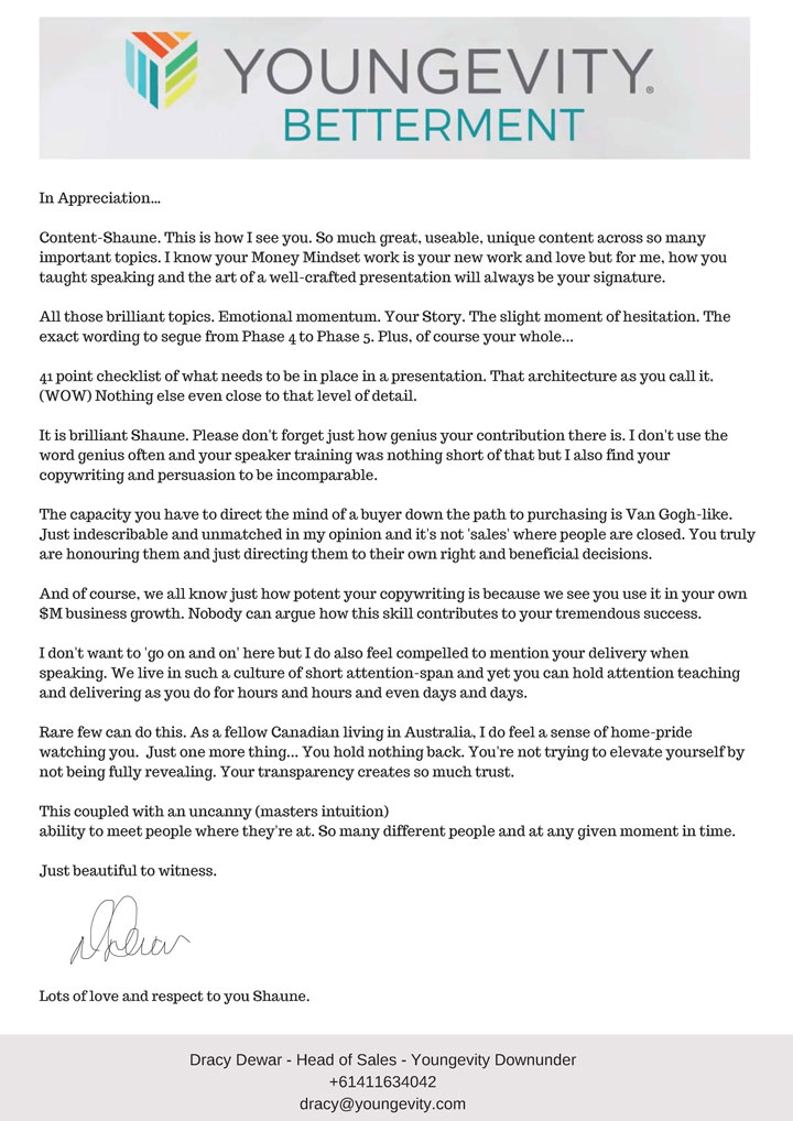 Dracy Dewar letter of respect to Shaune Clarke.