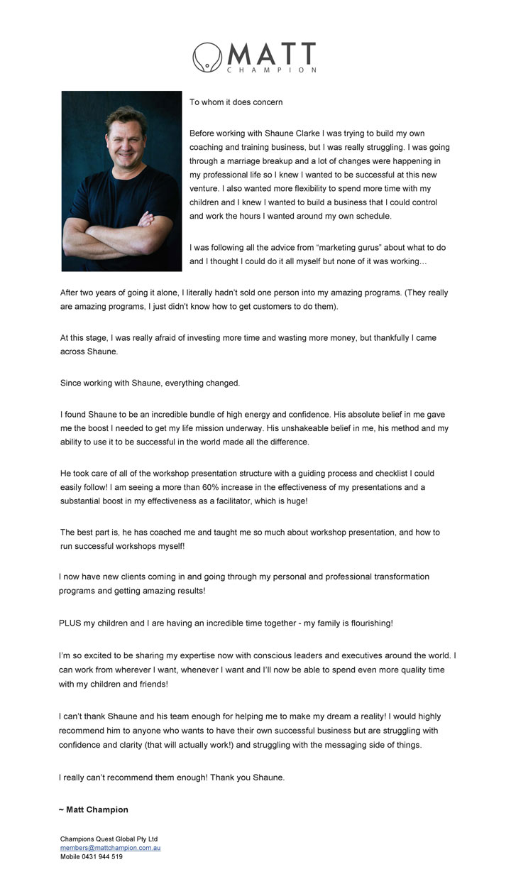 Matthew Champion letter of respect to Shaune Clarke.