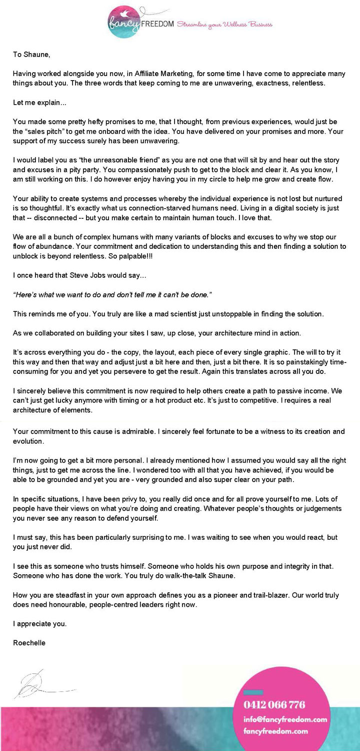 Roechelle Williams letter of respect to Shaune Clarke.